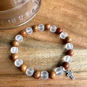 Hand Crafted Rosewood and Glass 8MM Bead Bracelet with Cross, 7.5"
